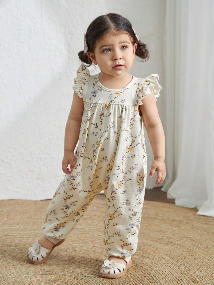 Girl Knitted Floral Pattern Soft Round Neck Sleeveless Jumpsuit With Ruffled Waistband.