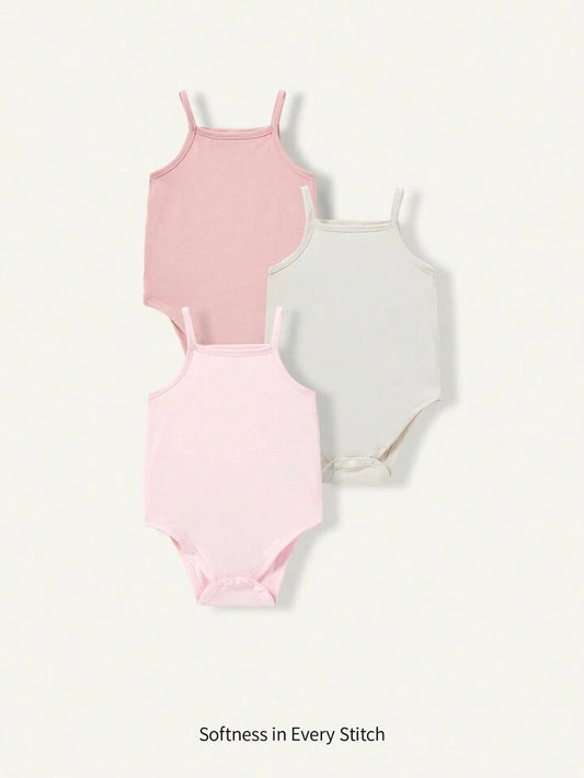 Baby Girl Knitted Soft Solid Color 3pcs Tank Bodysuit Set.