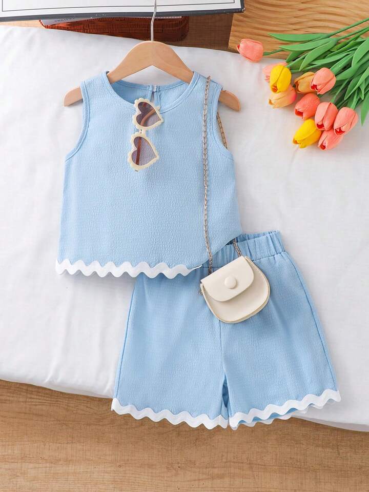 Young Girls Textured Fabric Contrast Trim Sleeveless Top & Casual Shorts 2-Piece Set