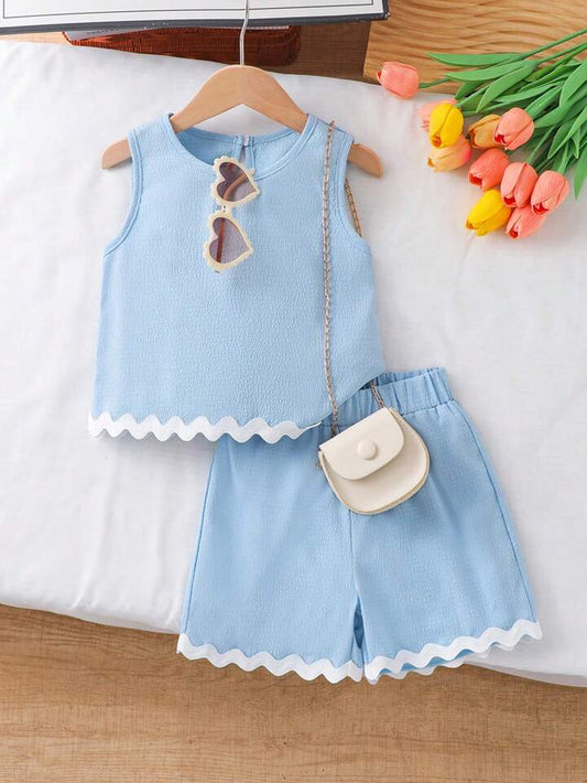Young Girls Textured Fabric Contrast Trim Sleeveless Top & Casual Shorts 2-Piece Set