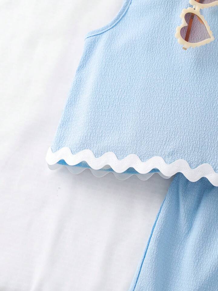 Young Girls Textured Fabric Contrast Trim Sleeveless Top & Casual Shorts 2-Piece Set