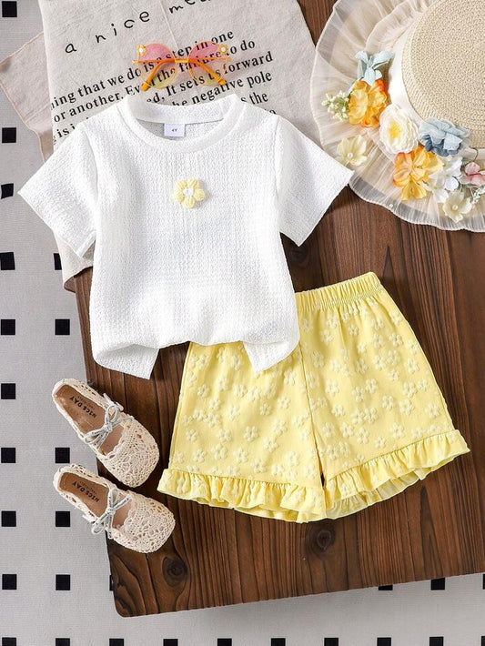 2pcs Toddler Girls' Cute Floral Embroidery Short Sleeve T-Shirt And Ruffle Shorts Set.