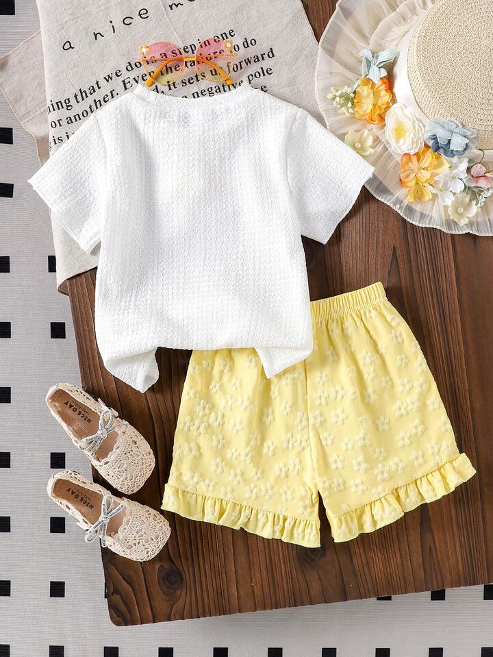2pcs Toddler Girls' Cute Floral Embroidery Short Sleeve T-Shirt And Ruffle Shorts Set.