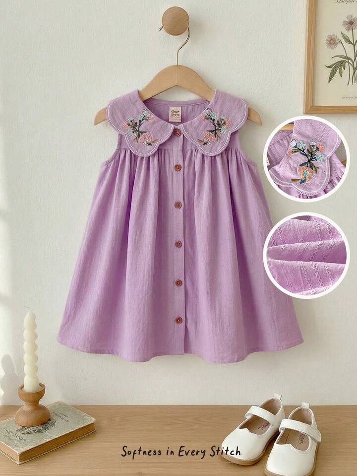 Girls' Floral Embroidery Pattern Peter Pan Collar Half-Open Front Sleeveless Dress, Suitable For Vacation And Outdoor Play.