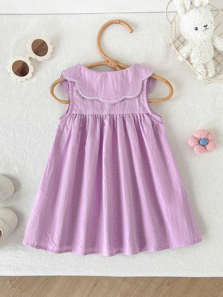 Girls' Floral Embroidery Pattern Peter Pan Collar Half-Open Front Sleeveless Dress, Suitable For Vacation And Outdoor Play.