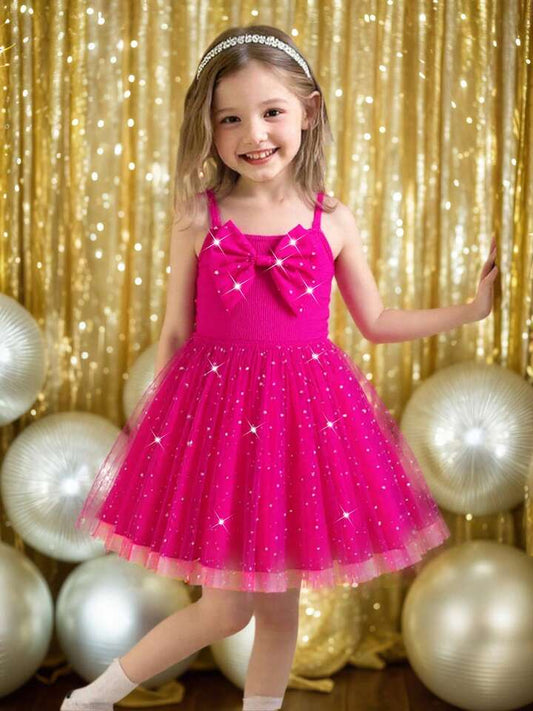 Young Girl Casual Striped Off-Shoulder Studded Bow A-Line Dress With Lining, Mesh Skirt.