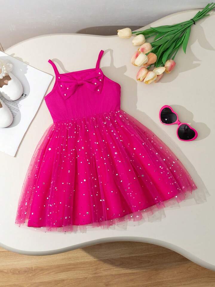 Young Girl Casual Striped Off-Shoulder Studded Bow A-Line Dress With Lining, Mesh Skirt.