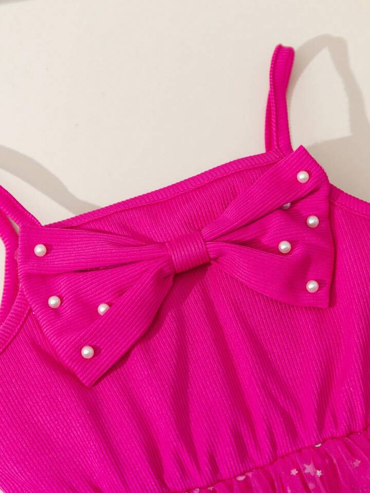 Young Girl Casual Striped Off-Shoulder Studded Bow A-Line Dress With Lining, Mesh Skirt.