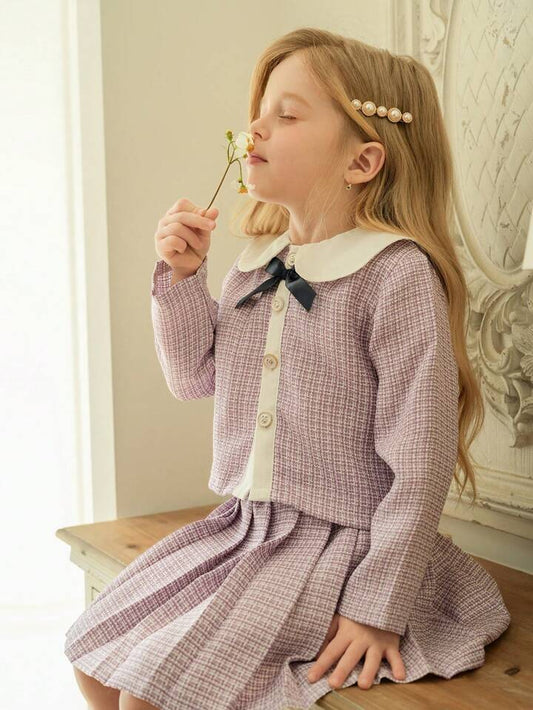 Young Girl Plaid Peter Pan Collar Long Sleeve Top And Pleated Mini Skirt Cute 2 Pieces Set