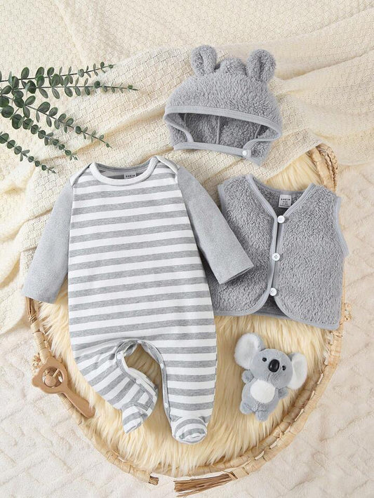 3 pc Baby Boy/Girl Gray Knitted Crew Neck Long Sleeve Footed Romper & Hat Set.