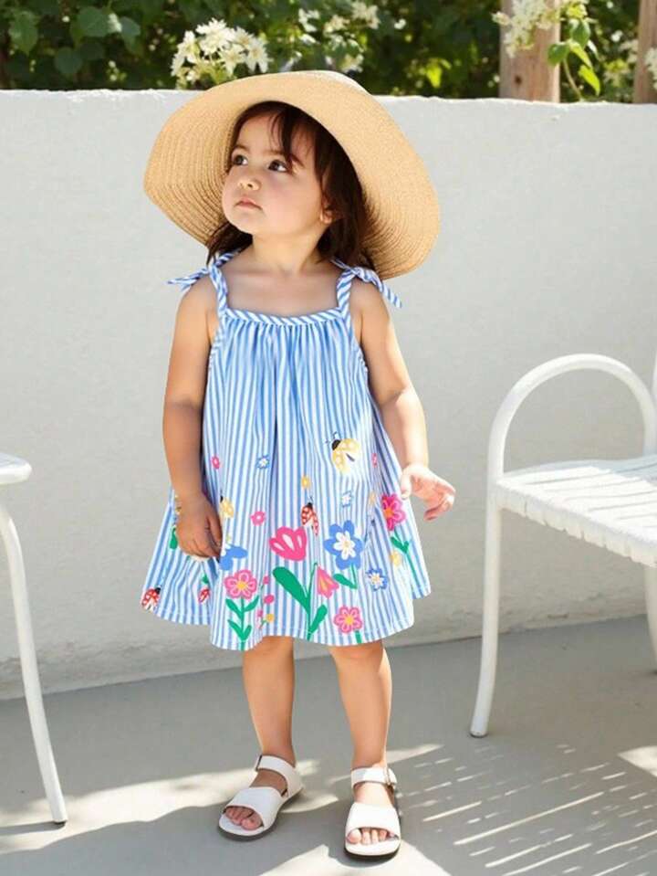 Girl Dress Full Floral Pattern Suspender Bow Summer Elegant And Fresh Dress Blue Striped Toddler Dress.