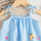 Girl Dress Full Floral Pattern Suspender Bow Summer Elegant And Fresh Dress Blue Striped Toddler Dress.