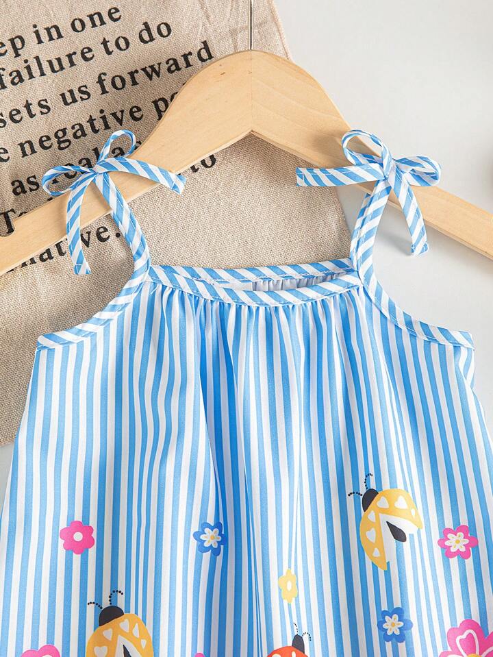 Girl Dress Full Floral Pattern Suspender Bow Summer Elegant And Fresh Dress Blue Striped Toddler Dress.