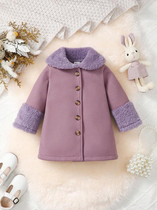 Furry Spliced Collar Button Long Sleeve A-Line Fashion Outerwear Coat