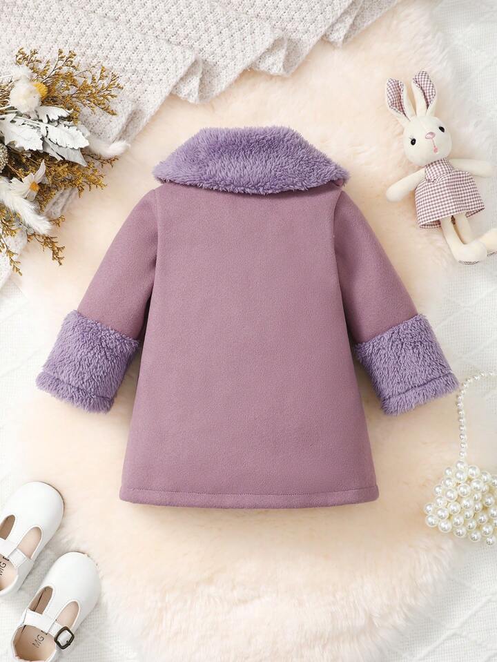 Furry Spliced Collar Button Long Sleeve A-Line Fashion Outerwear Coat