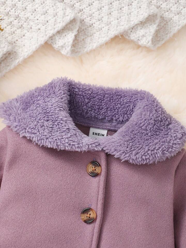 Furry Spliced Collar Button Long Sleeve A-Line Fashion Outerwear Coat