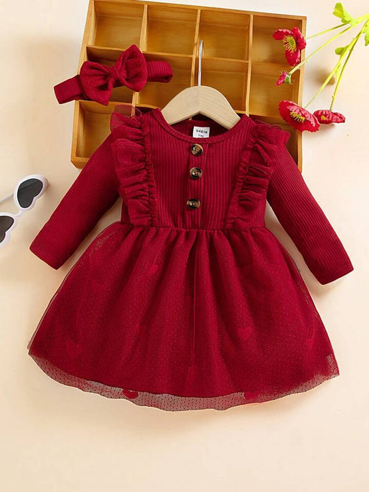 Mesh Cap Sleeve Ribbed Heart Mesh Bow Headband Dress (2 Pc)