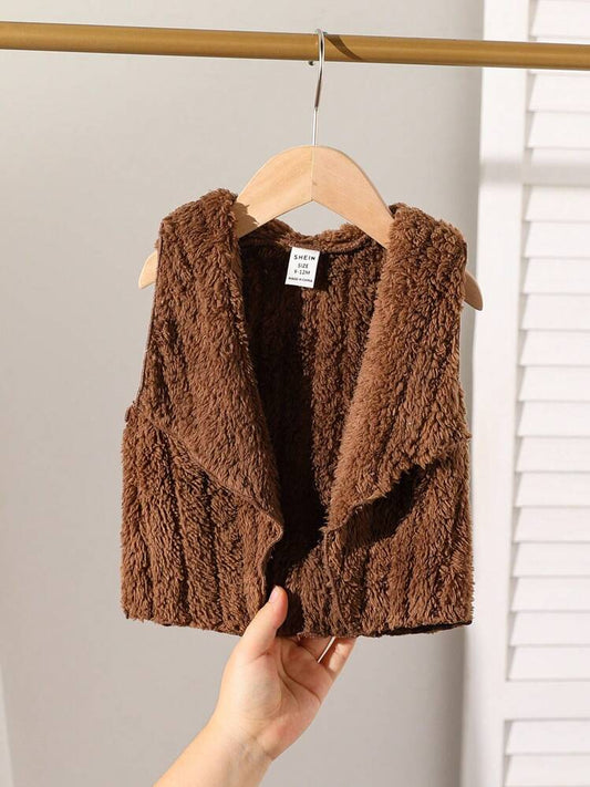 Baby Girl's Solid Color Lapel Casual Plush Vest Jacket