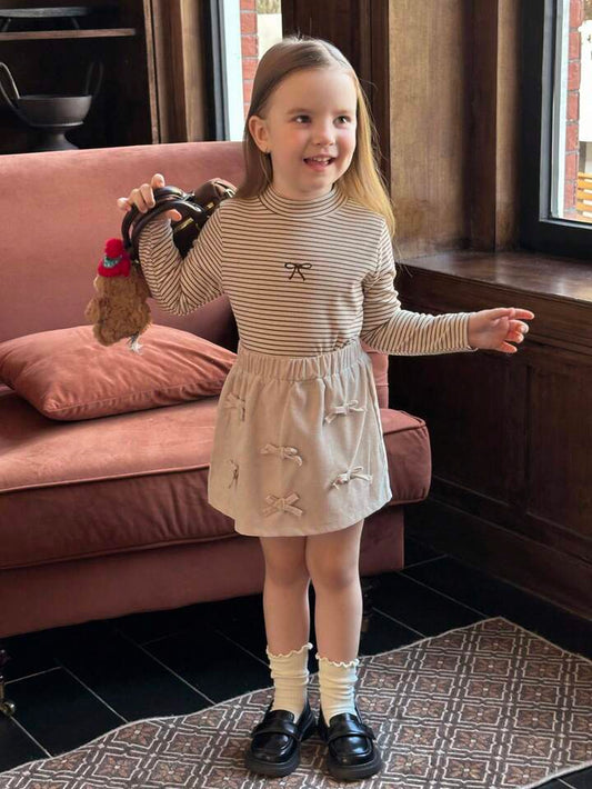 2pcs/Set Young Girl' Striped Turtleneck Top + Bow Decor Skirt Fall Winter