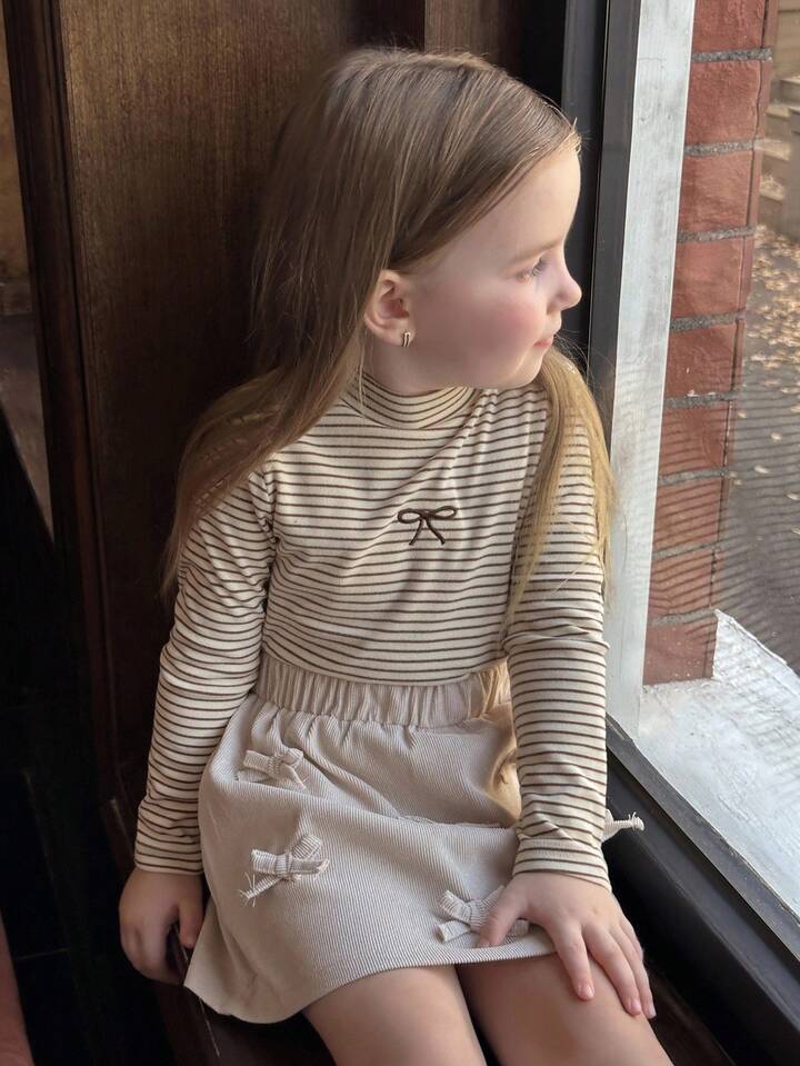 2pcs/Set Young Girl' Striped Turtleneck Top + Bow Decor Skirt Fall Winter