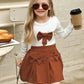 Girl Cute Bow Decor White Long Sleeve Top & Skirt Set.