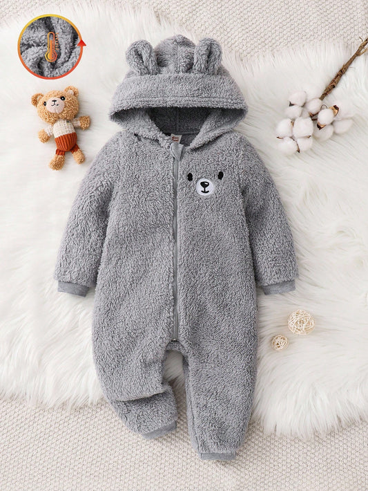 Baby Boy/ Girl Cartoon Rabbit Ear Hooded Thick Fleece Jumpsuit.