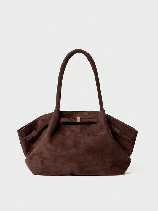 Faux Suede Tote Bag, Large Capacity Solid Handbag.
