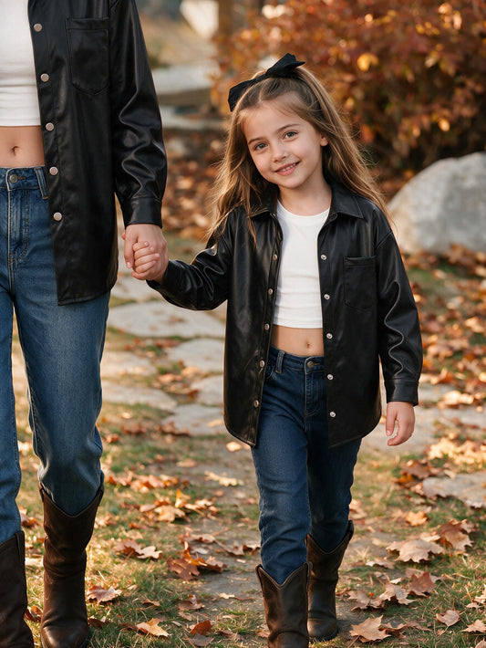 Girl Black Casual PU Jacket Suitable For Outings.