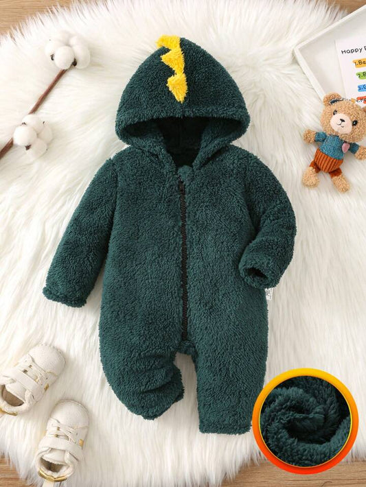Winter Hooded Horn Shaped Zipper Front Long Sleeve Fleece Romper