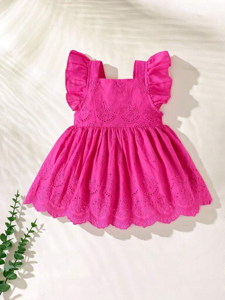 Baby Girl Summer Square Collar Short Flutter Sleeve Burn-Out Floral Embroidery Cute Dress
