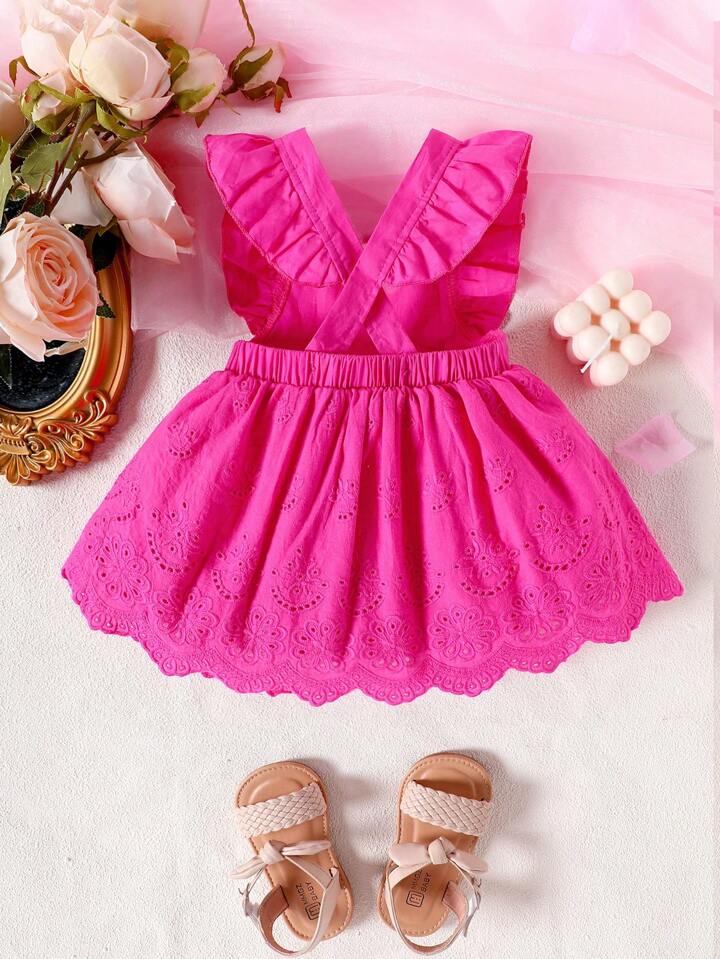 Baby Girl Summer Square Collar Short Flutter Sleeve Burn-Out Floral Embroidery Cute Dress