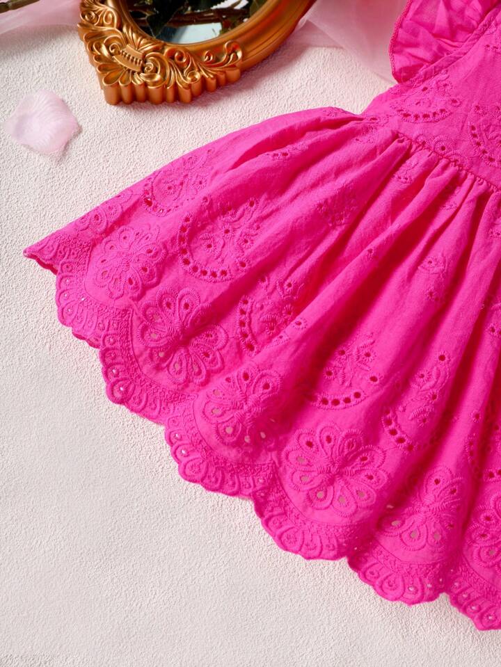 Baby Girl Summer Square Collar Short Flutter Sleeve Burn-Out Floral Embroidery Cute Dress