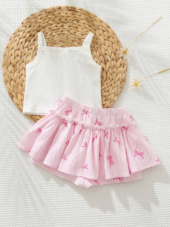 Cozy Pixies 2pcs Baby Girl Bow Print Camisole Top And Elastic Waist Shorts Set