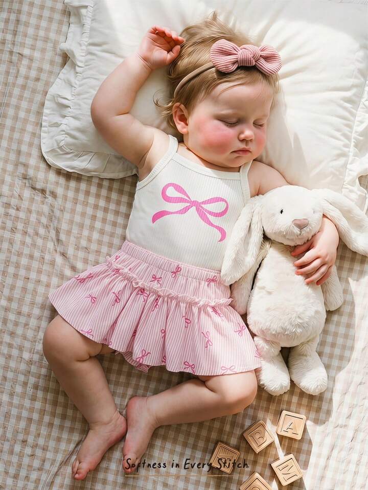 Cozy Pixies 2pcs Baby Girl Bow Print Camisole Top And Elastic Waist Shorts Set