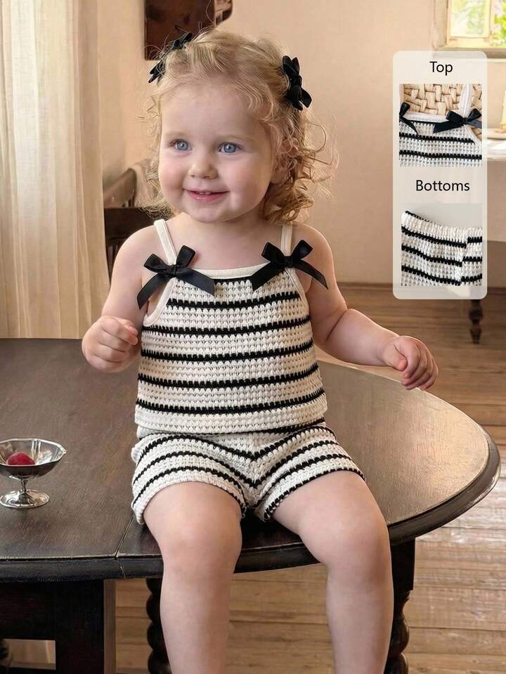 2pcs Baby Girls Sleeveless Striped Knit Jacquard Camisole Top + Elastic Waist Shorts Casual Cute Set, Suitable For Summer.
