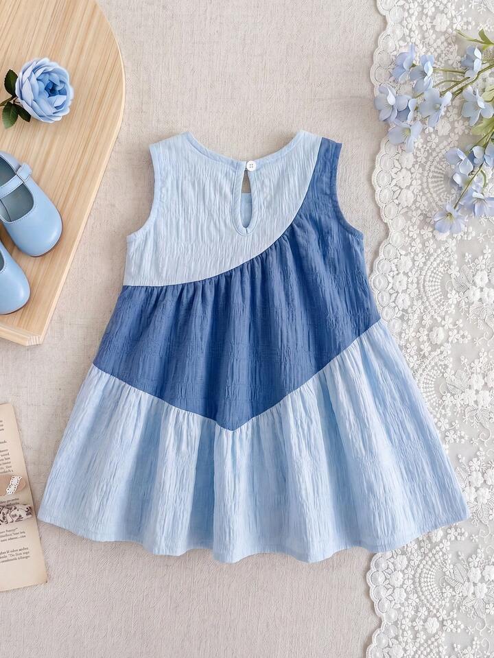 3-Layer Patchwork Pink Dress For Baby Girls, Contrast Color Ruffle Hem Cake Dress.