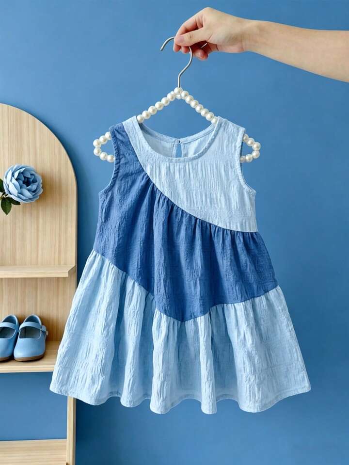 3-Layer Patchwork Pink Dress For Baby Girls, Contrast Color Ruffle Hem Cake Dress.
