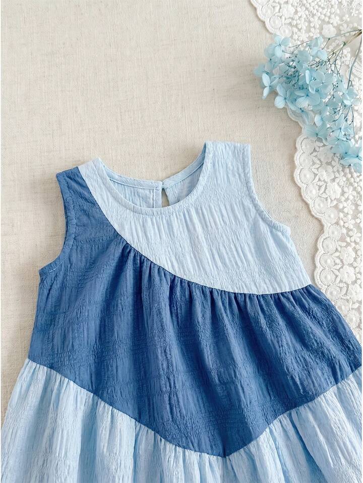 3-Layer Patchwork Pink Dress For Baby Girls, Contrast Color Ruffle Hem Cake Dress.