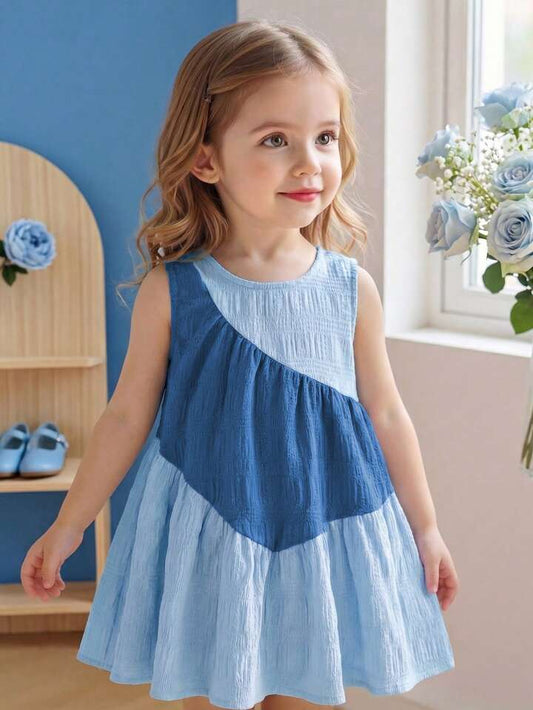 3-Layer Patchwork Pink Dress For Baby Girls, Contrast Color Ruffle Hem Cake Dress.