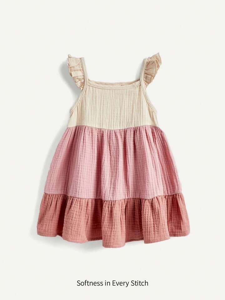 Baby Girl Color-Block Ruffle-Trimmed Sundress With Shoulder Straps.