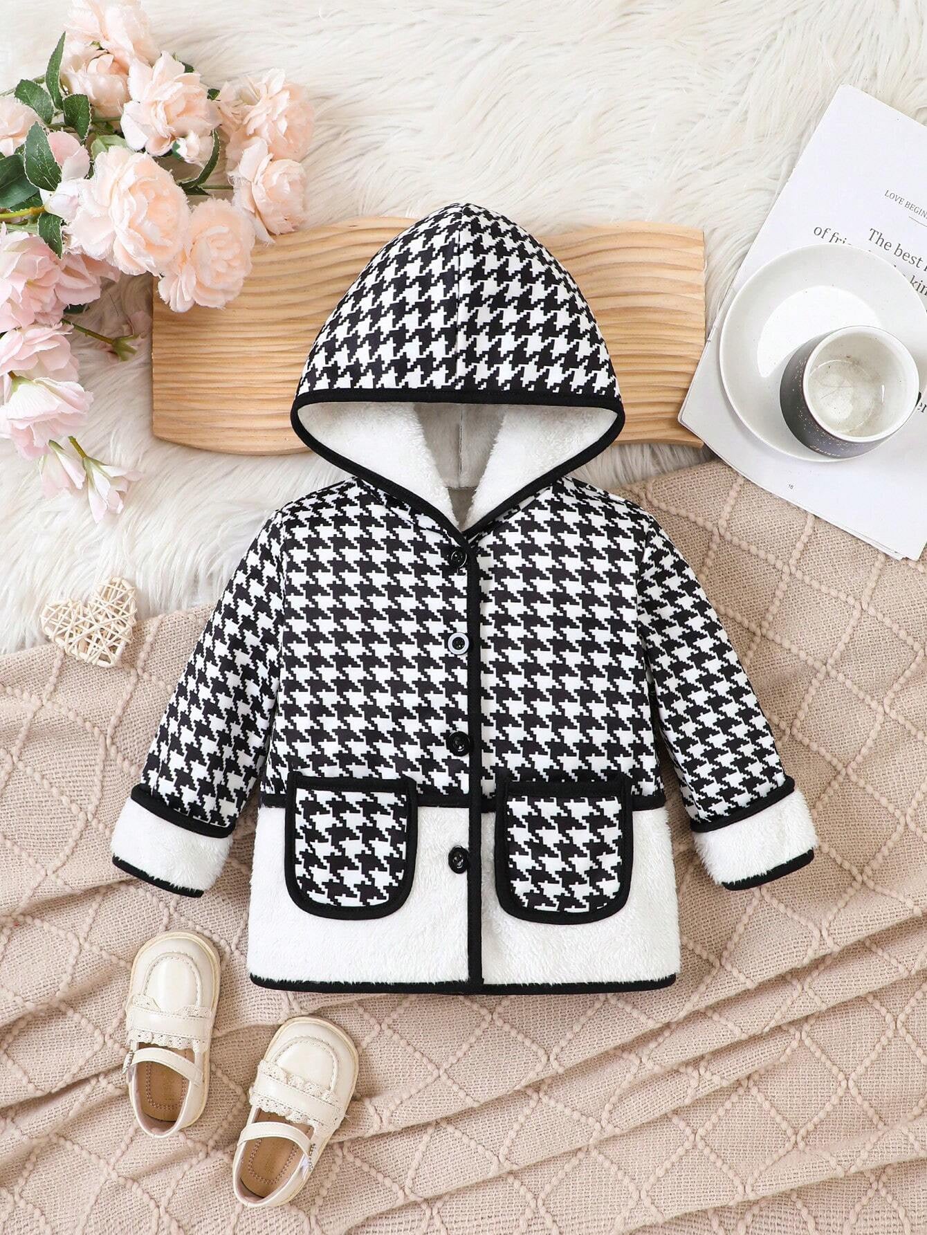 Baby Girls' Microfleece Hooded Hounds-Tooth Wool Coat For Autumn And Winter