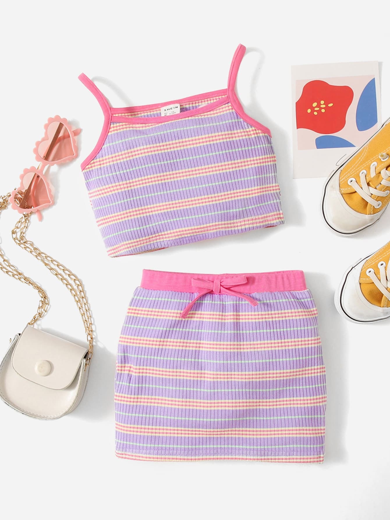 Baby Girl Block Striped Contrast Binding Cami Top & Skirt