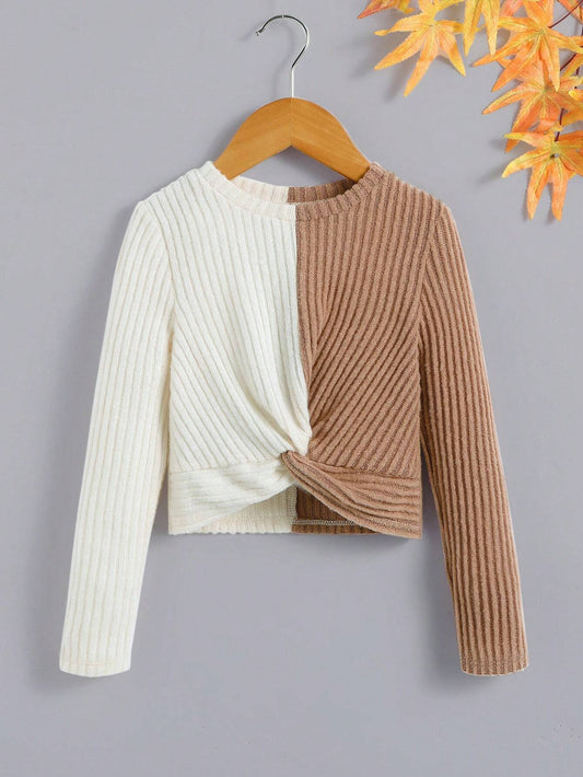 Young Girl Street Style Knit Patchwork Long Sleeve Top