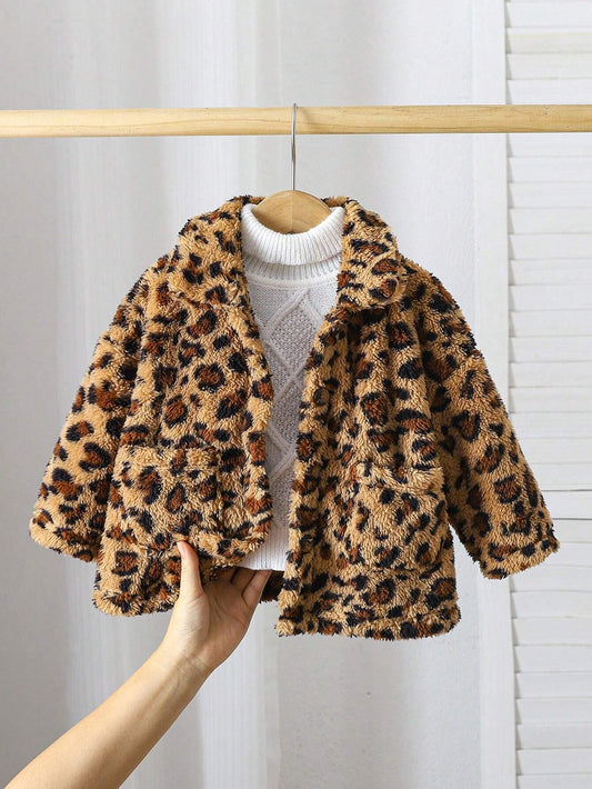 Baby Girls Warm Fleece Leopard Print Long Sleeve Midi Jacket, Fall/Winter