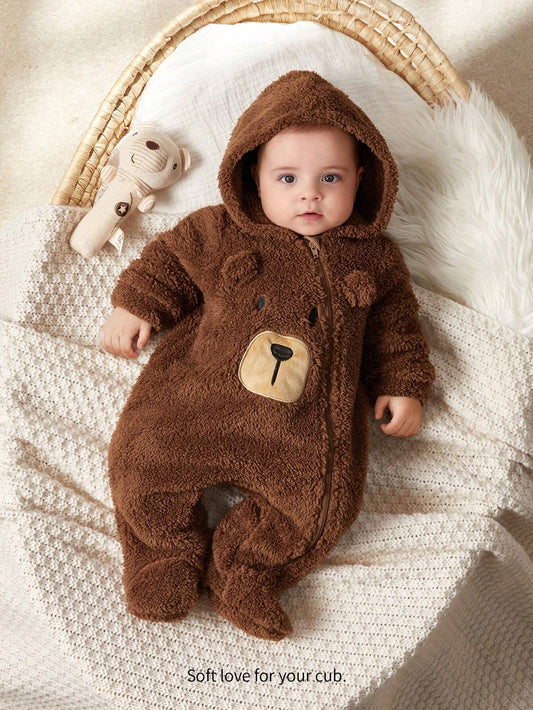 Cartoon Bear Ear Hooded Fleece Footie Jumpsuit