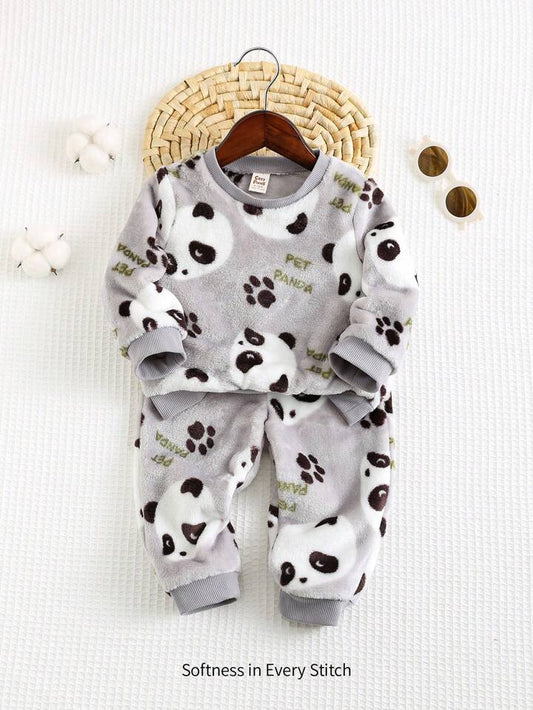 Cozy Pixies 2pcs/Set Baby Boy -Girl Panda Graphic Crew Neck Fleece Top And Jogger Pants Winter Outfit Pajama Set