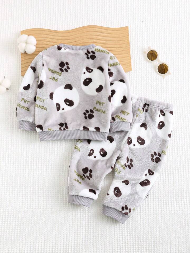 Cozy Pixies 2pcs/Set Baby Boy -Girl Panda Graphic Crew Neck Fleece Top And Jogger Pants Winter Outfit Pajama Set