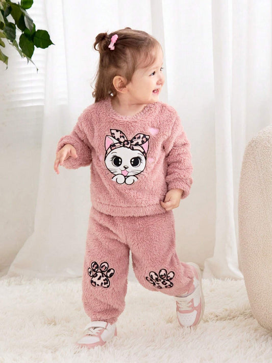 2pcs Baby Girl  Soft Pink Plush Crew Neck Cartoon Kitty Sweatshirt Top And Matching Plush Kitty Paw Print Elastic Waist Pants Set.