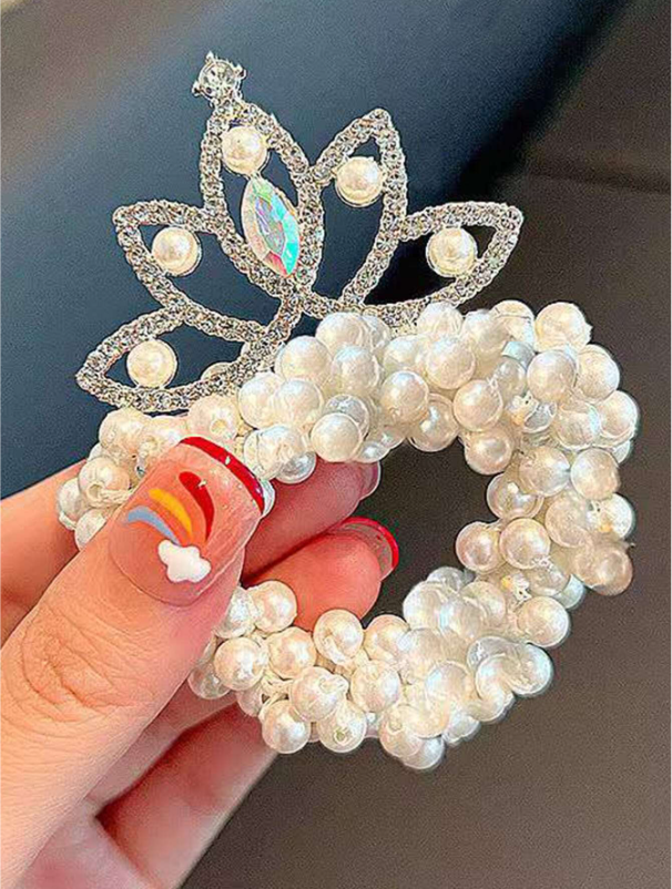 1piece Elegant Faux Pearl Hair Ties with Rhinestone Crown Decoration - Perfect Party and Holiday Gift for Girls