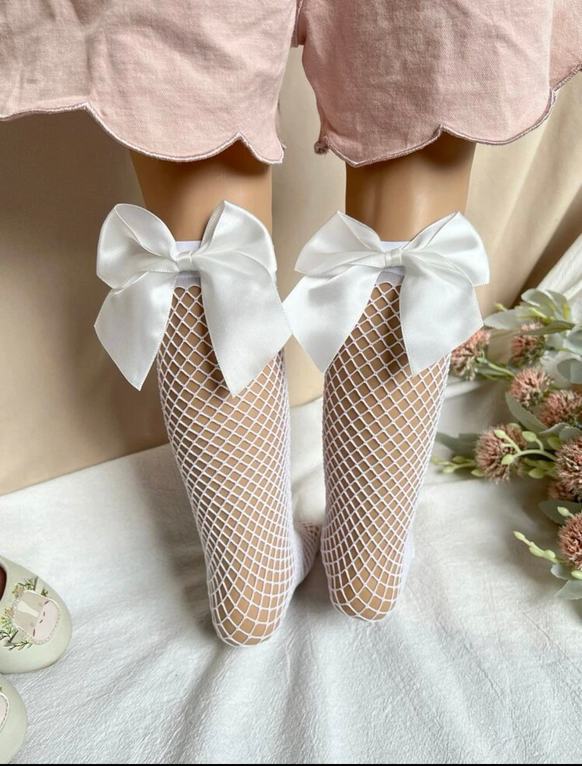 Toddler Girls Bow Decor Fishnet Socks